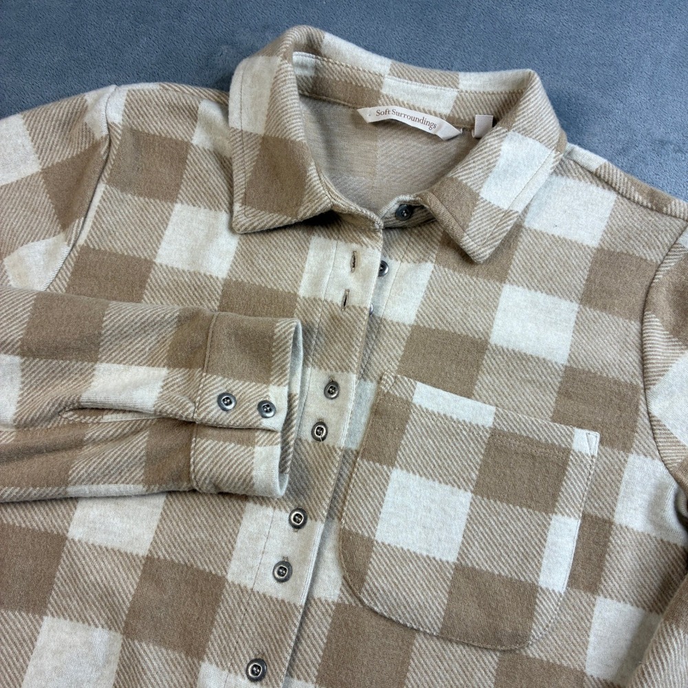 Soft Surroundings XS Mad About‎ Plaid Buffalo Check Button Down Tunic Beige Tan